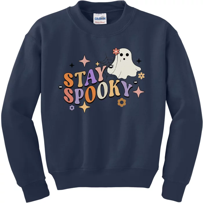 Groovy Flower Spooky Halloween Cute Ghost Spider Web Kids Sweatshirt