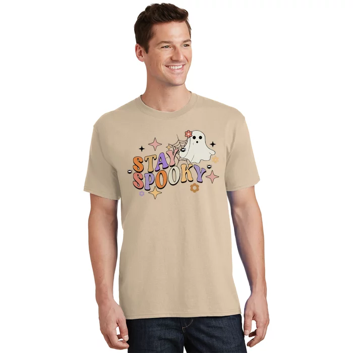 Groovy Flower Spooky Halloween Cute Ghost Spider Web T-Shirt