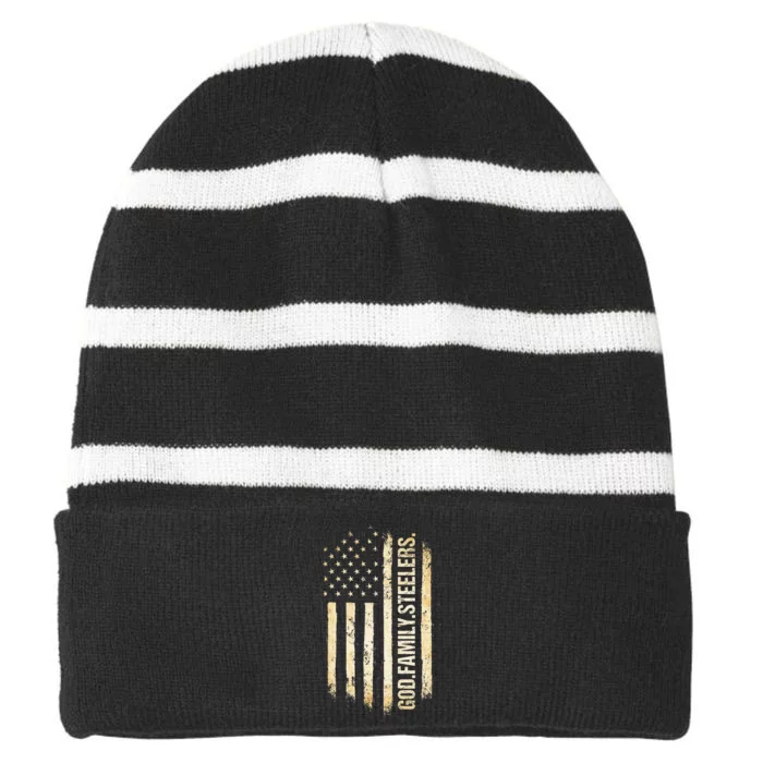 God Family Steelers Pro Us American Flag FatherS Day Striped Beanie with Solid Band