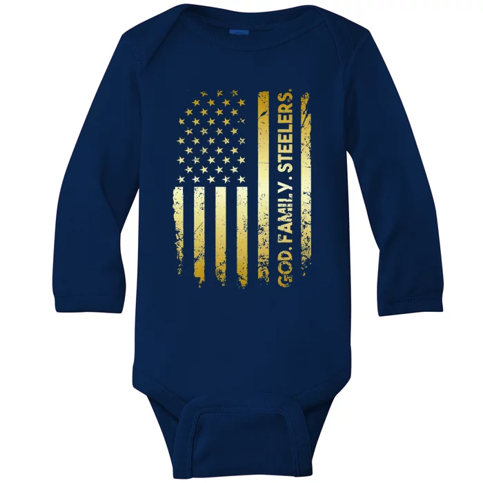 God Family Steelers Pro Us Flag Fathers Day Dad Gift Gift Baby Long Sleeve Bodysuit