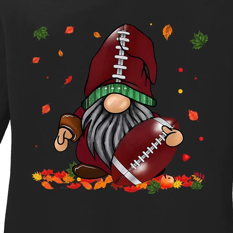 Gnome Football Season Thanksgiving Fall Leaves Autumn Ladies Long Sleeve Shirt