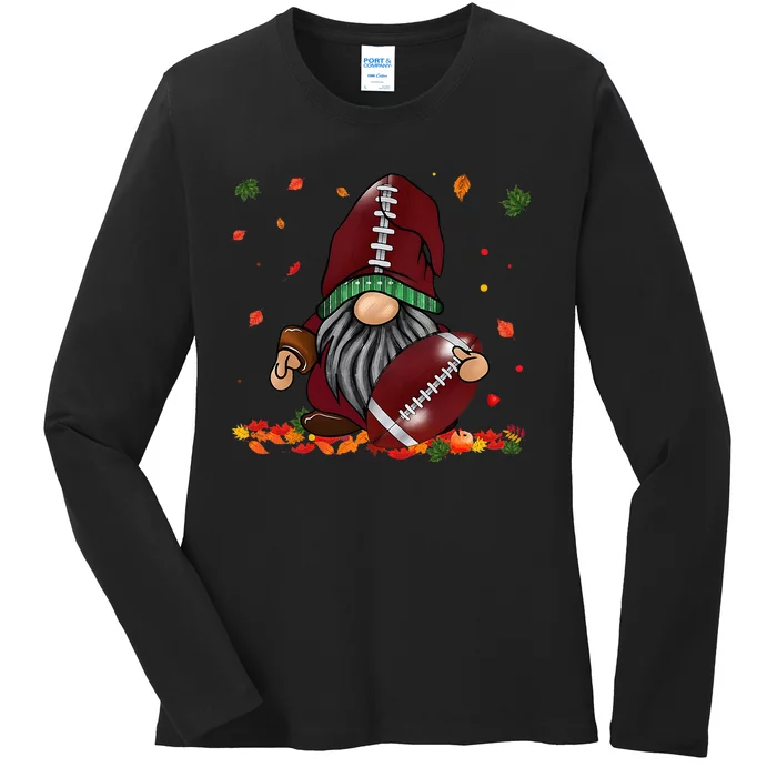 Gnome Football Season Thanksgiving Fall Leaves Autumn Ladies Long Sleeve Shirt