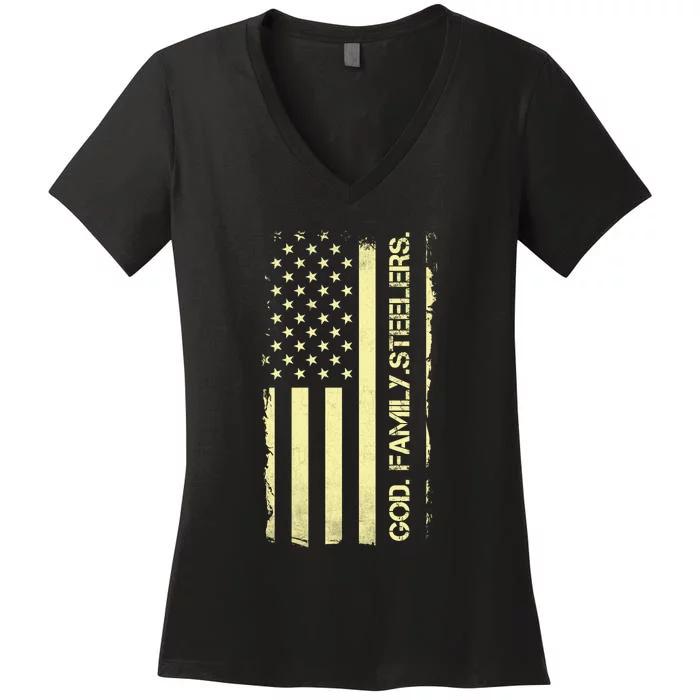 God Family Steelers Pro Us Flag FatherS Day Dad Gift Women's V-Neck T-Shirt