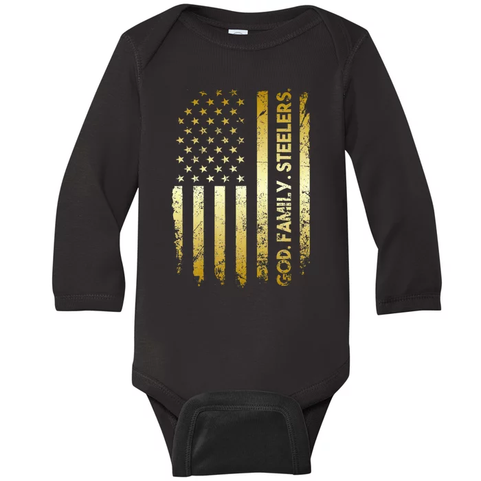 God Family Steelers Pro Us Flag FatherS Day Dad Gift Baby Long Sleeve Bodysuit