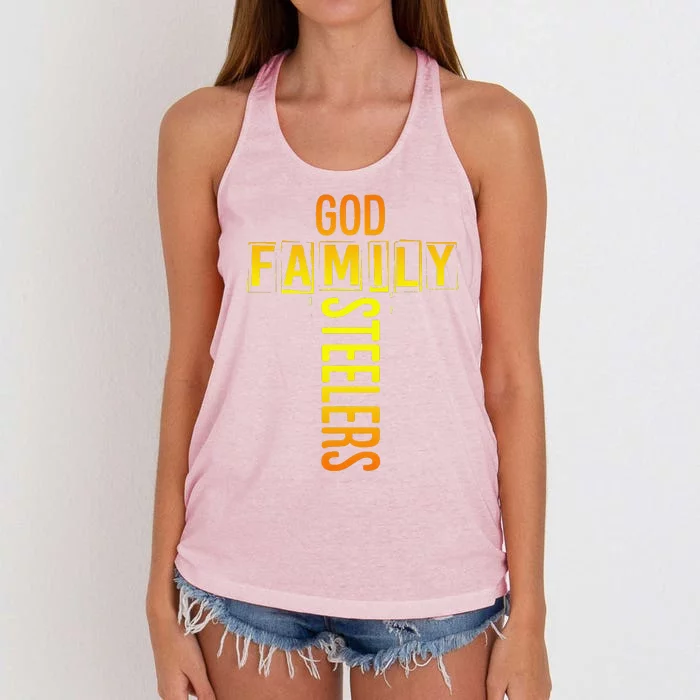 God Family Steeler Fathers Day Gift Tee Women's Knotted Racerback Tank