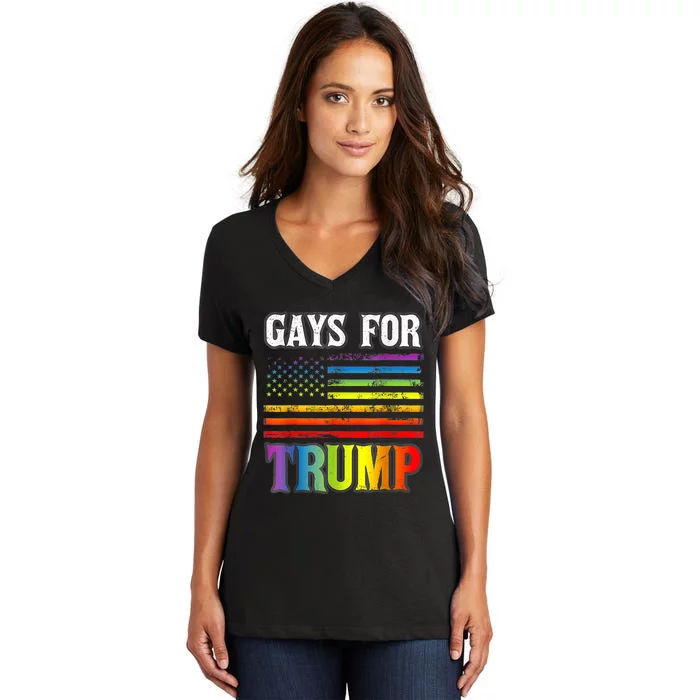 Gays For Trump President Vote 2024 USA Flag Rainbow LGBT Women's V-Neck T-Shirt