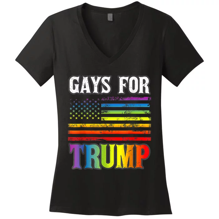 Gays For Trump President Vote 2024 USA Flag Rainbow LGBT Women's V-Neck T-Shirt