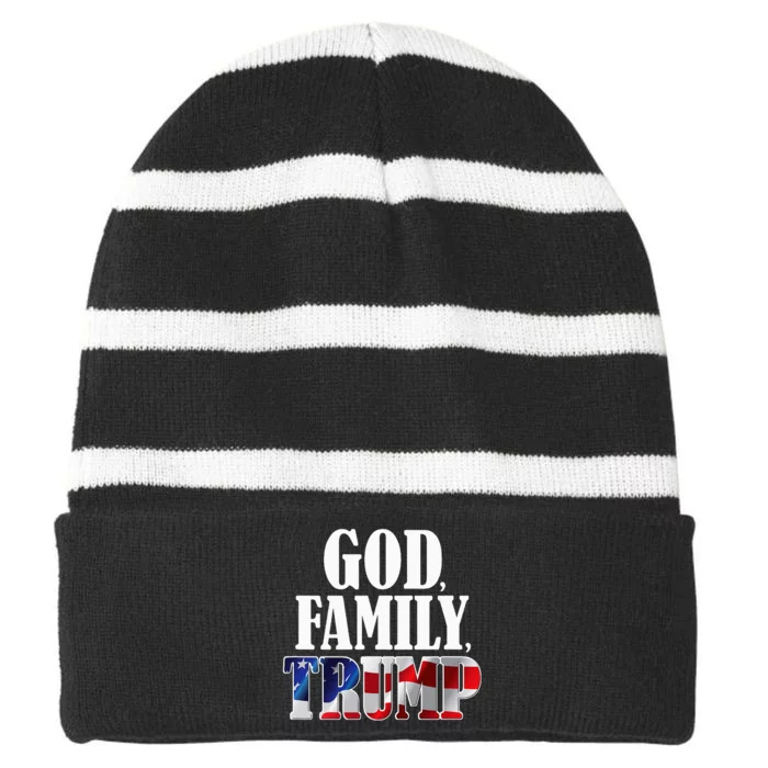 God Family Trump Christian Supporter Voter Gift America Flag Striped Beanie with Solid Band