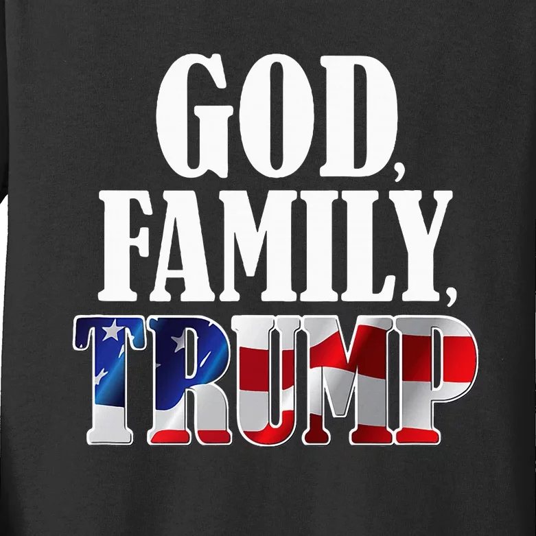 God Family Trump Christian Supporter Voter Gift America Flag Kids Long Sleeve Shirt