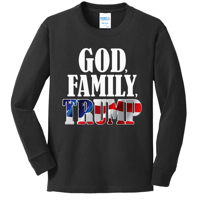 God Family Trump Christian Supporter Voter Gift America Flag Kids Long Sleeve Shirt