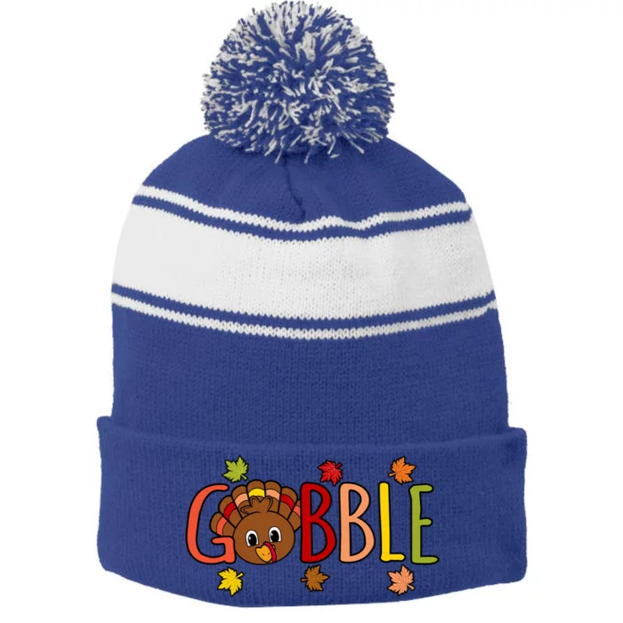 Gobble Funny Turkey Thanksgiving Family Graphic Funny Gift Stripe Pom Pom Beanie