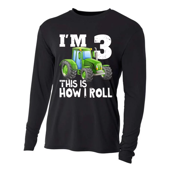 Green Farm Tractor 3rd Birthday Party Gifts 3 Year Old Cooling Performance Long Sleeve Crew