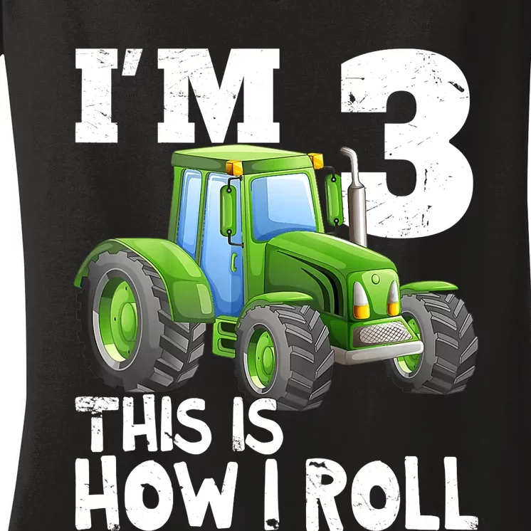 Green Farm Tractor 3rd Birthday Party Gifts 3 Year Old Women's V-Neck T-Shirt