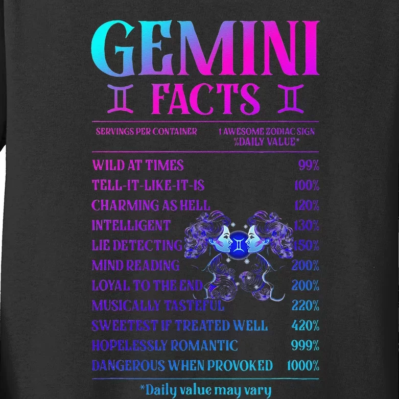 Gemini Facts Zodiac June Birthday Gift Kids Long Sleeve Shirt