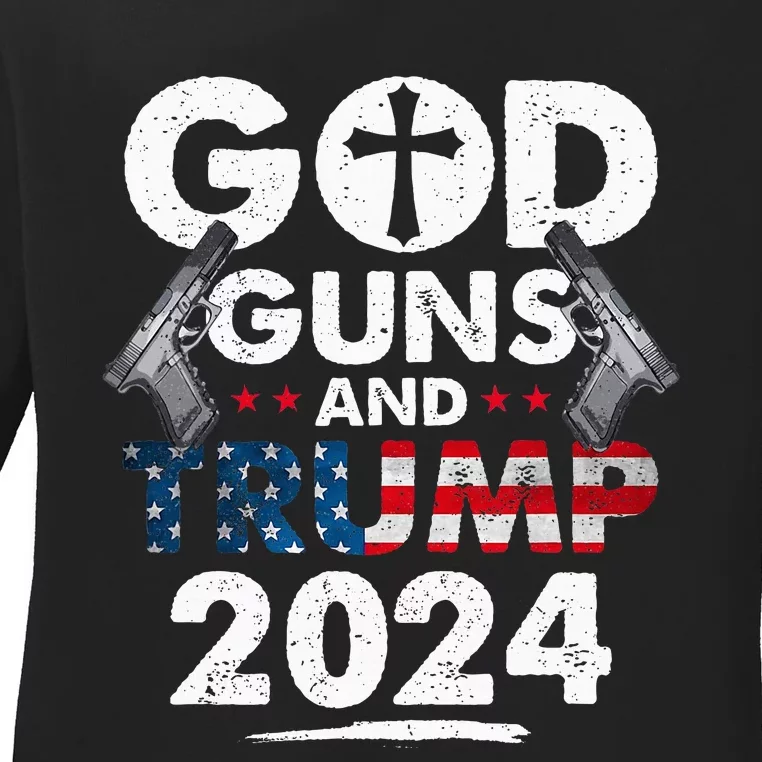 God Guns And Trump 2024 Usa American Flag Ladies Long Sleeve Shirt