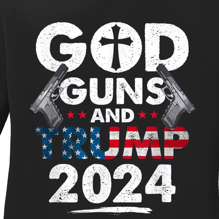 God Guns And Trump 2024 Usa American Flag Ladies Long Sleeve Shirt