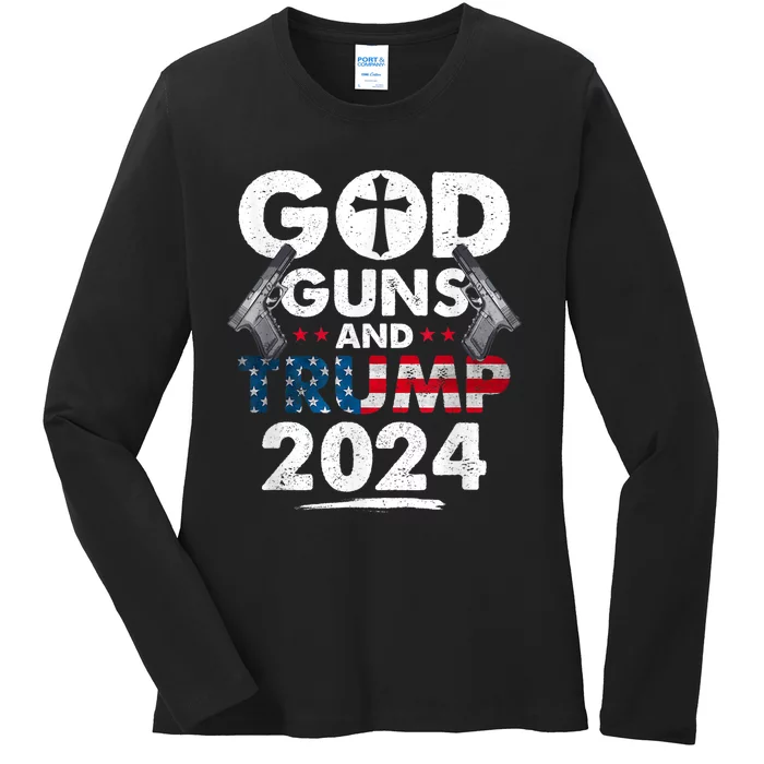 God Guns And Trump 2024 Usa American Flag Ladies Long Sleeve Shirt