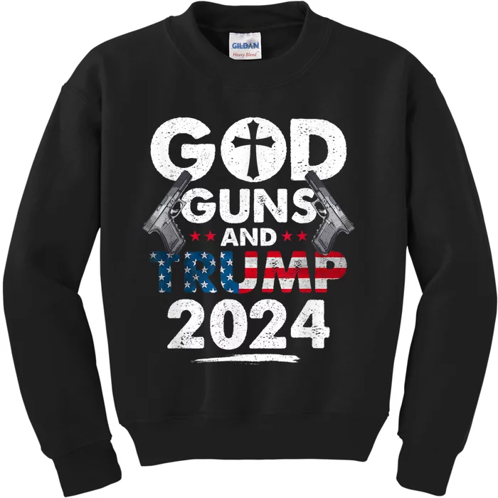 God Guns And Trump 2024 Usa American Flag Kids Sweatshirt