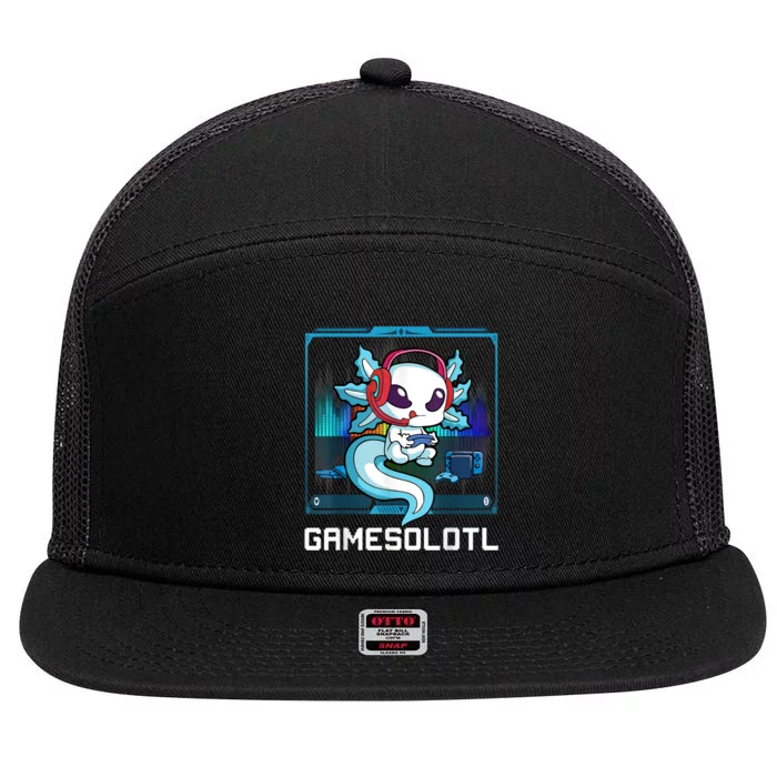 Gamesolotl Gamer Axolotl Playing Video Games Boys Girls 7 Panel Mesh Trucker Snapback Hat