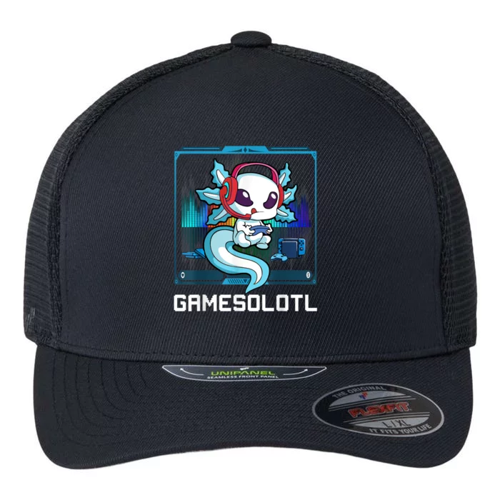 Gamesolotl Gamer Axolotl Playing Video Games Boys Girls Flexfit Unipanel Trucker Cap