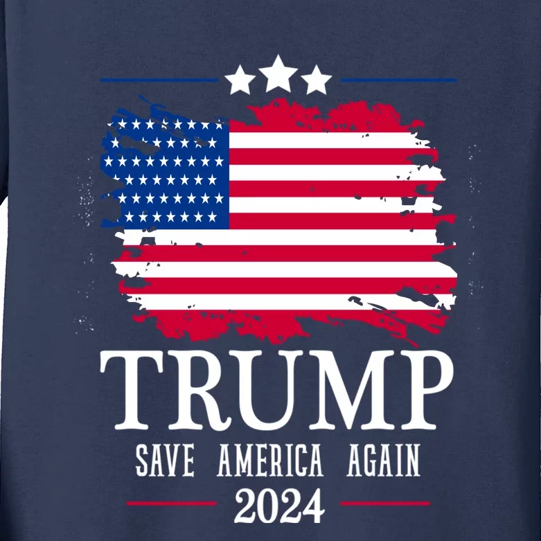 Great Gift American Flag Trump 2024 Save America Again Kids Long Sleeve Shirt