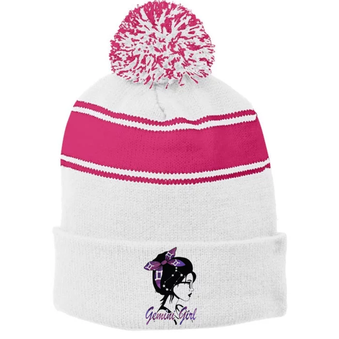 Gemini Girl Birthday Gemini Woman Zodiac Sign Stripe Pom Pom Beanie