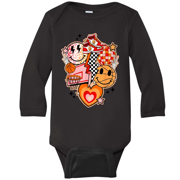 Groovy Game Day Basketball Retro Smile Happy Face Vintage Baby Long Sleeve Bodysuit