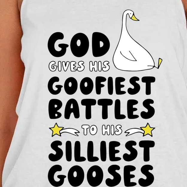 God Gives His Goofiest Battles To His Silliest Gooses Women's Knotted Racerback Tank