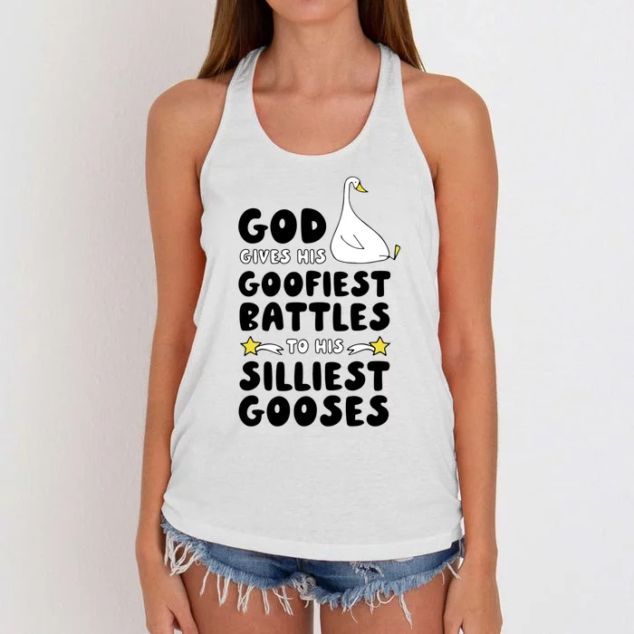 God Gives His Goofiest Battles To His Silliest Gooses Women's Knotted Racerback Tank