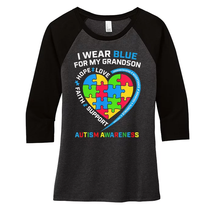 Grandma Grandpa I Wear Blue For My Grandson Autism Awareness Women's Tri-Blend 3/4-Sleeve Raglan Shirt