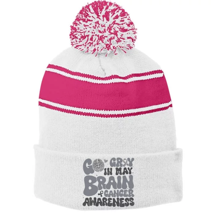 Go Gray In May For Brain Tumor Cancer Awareness Gray Ribbon Stripe Pom Pom Beanie