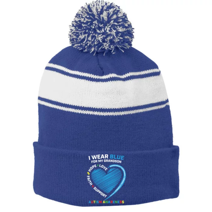 Grandma Grandpa I Wear Blue For My Grandson Autism Awareness Gift Stripe Pom Pom Beanie