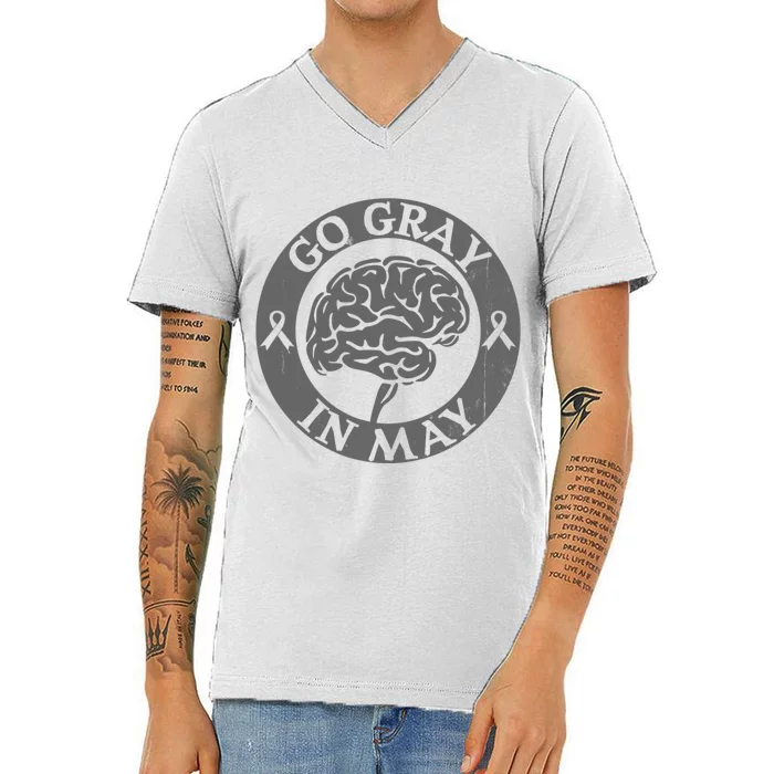 Go Gray In May Brain Cancer Tumor Awareness Wear Gray Ribbon V-Neck T-Shirt