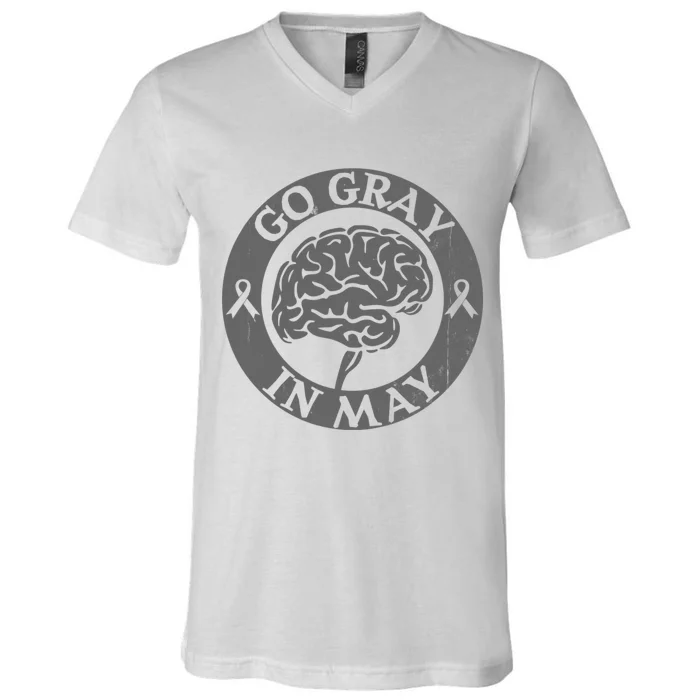 Go Gray In May Brain Cancer Tumor Awareness Wear Gray Ribbon V-Neck T-Shirt