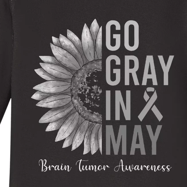 Go Gray In May Brain Tumor Cancer Awareness Gray Sunflower Baby Long Sleeve Bodysuit