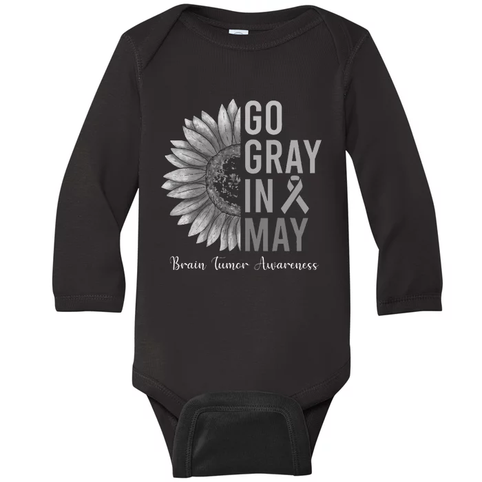 Go Gray In May Brain Tumor Cancer Awareness Gray Sunflower Baby Long Sleeve Bodysuit