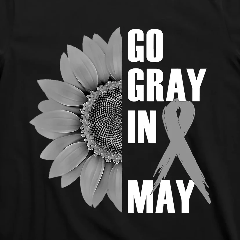 Go Gray In May Brain Cancer Awareness Grey Ribbon Sunflower T-Shirt