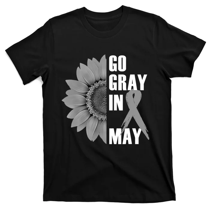 Go Gray In May Brain Cancer Awareness Grey Ribbon Sunflower T-Shirt