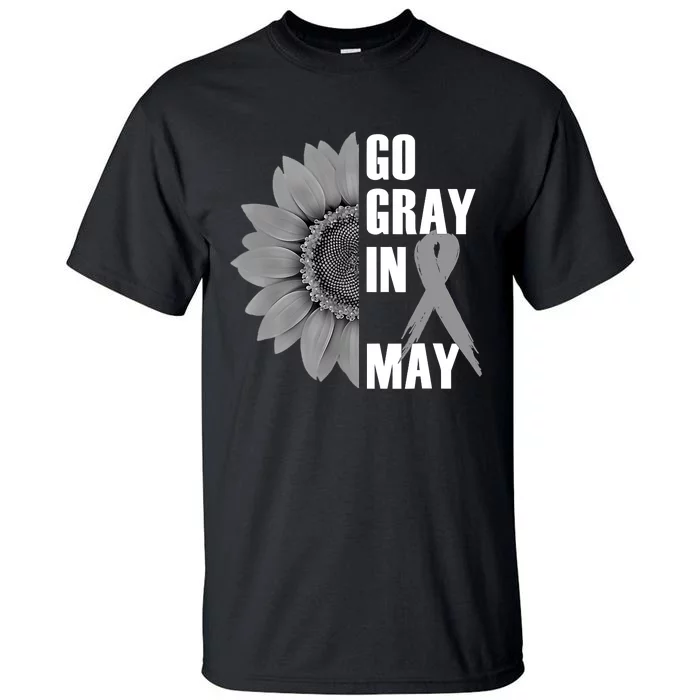 Go Gray In May Brain Cancer Awareness Grey Ribbon Sunflower Tall T-Shirt