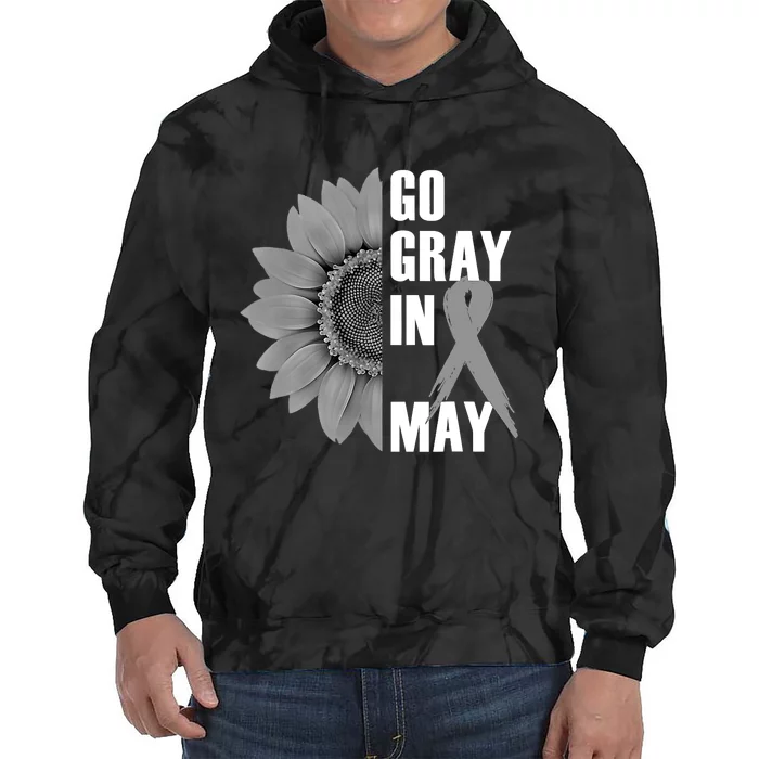 Go Gray In May Brain Cancer Awareness Grey Ribbon Sunflower Tie Dye Hoodie