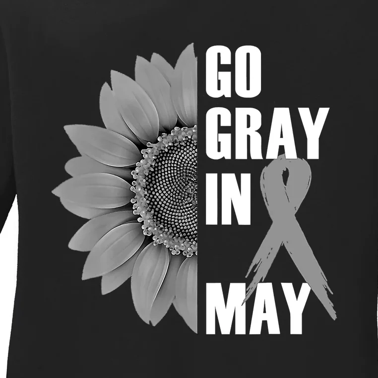 Go Gray In May Brain Cancer Awareness Grey Ribbon Sunflower Ladies Long Sleeve Shirt