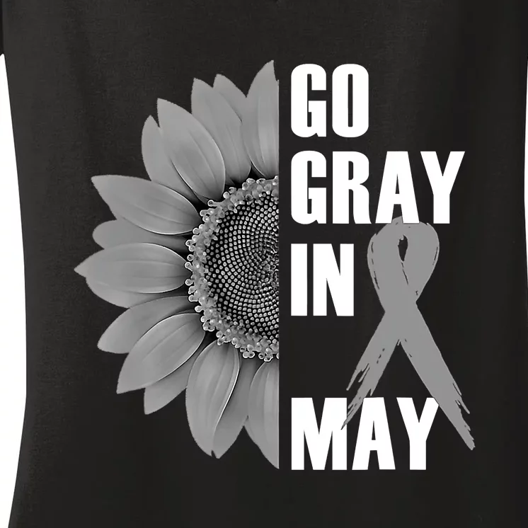 Go Gray In May Brain Cancer Awareness Grey Ribbon Sunflower Women's V-Neck T-Shirt