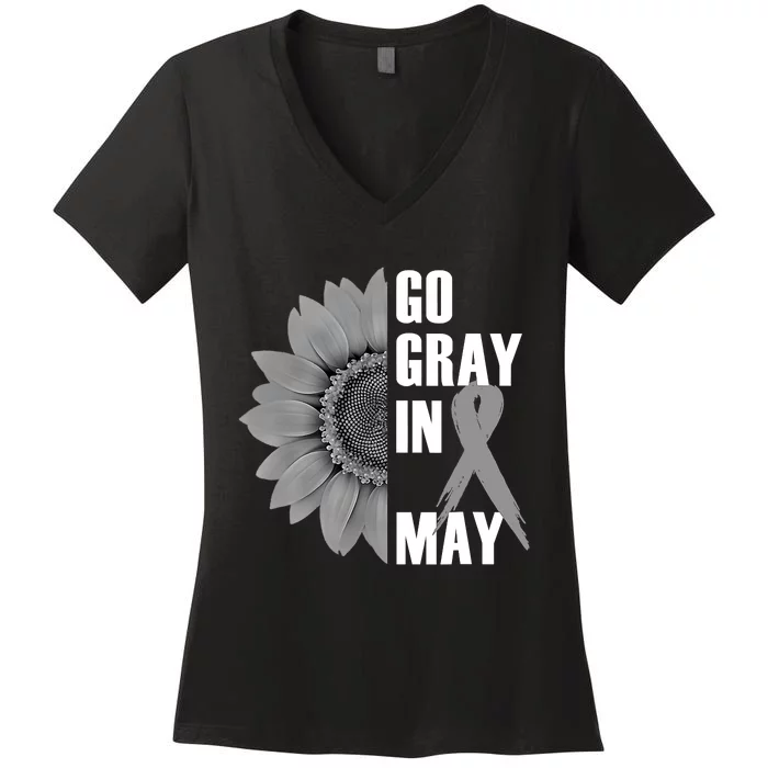 Go Gray In May Brain Cancer Awareness Grey Ribbon Sunflower Women's V-Neck T-Shirt