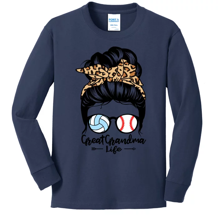 Great Grandma Life Messy Bun Hair Funny Baseball Volleyball Cool Gift Kids Long Sleeve Shirt