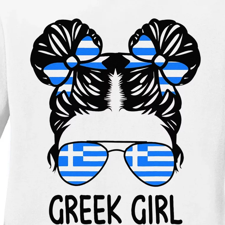 Greek Girl Messy Hair Greece Pride Patriotic Ladies Long Sleeve Shirt