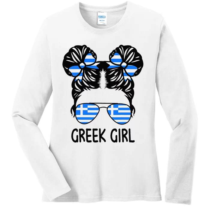 Greek Girl Messy Hair Greece Pride Patriotic Ladies Long Sleeve Shirt