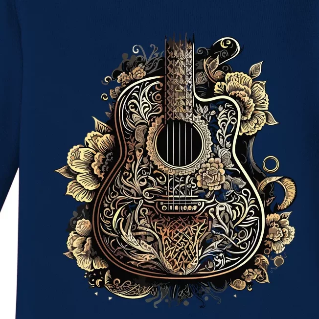 Guitar Graphic Music Lover Acoustic Guitar Musician Floral Baby Long Sleeve Bodysuit