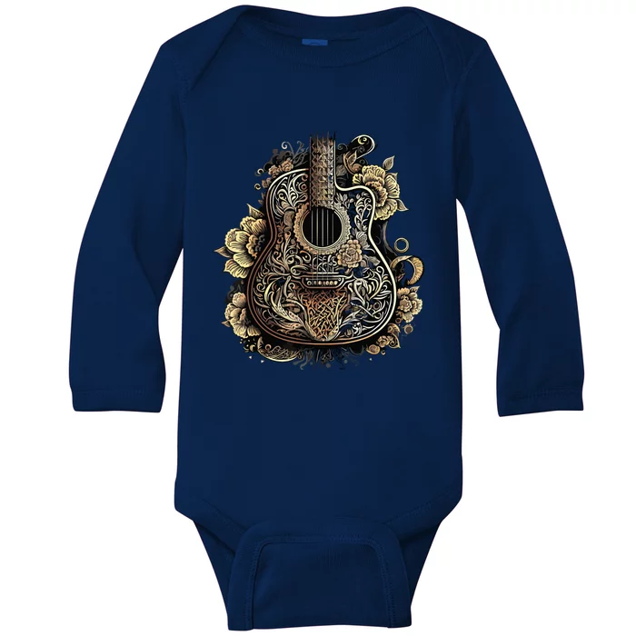 Guitar Graphic Music Lover Acoustic Guitar Musician Floral Baby Long Sleeve Bodysuit