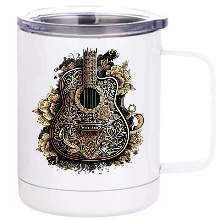 Guitar Graphic Music Lover Acoustic Guitar Musician Floral Front & Back 12oz Stainless Steel Tumbler Cup