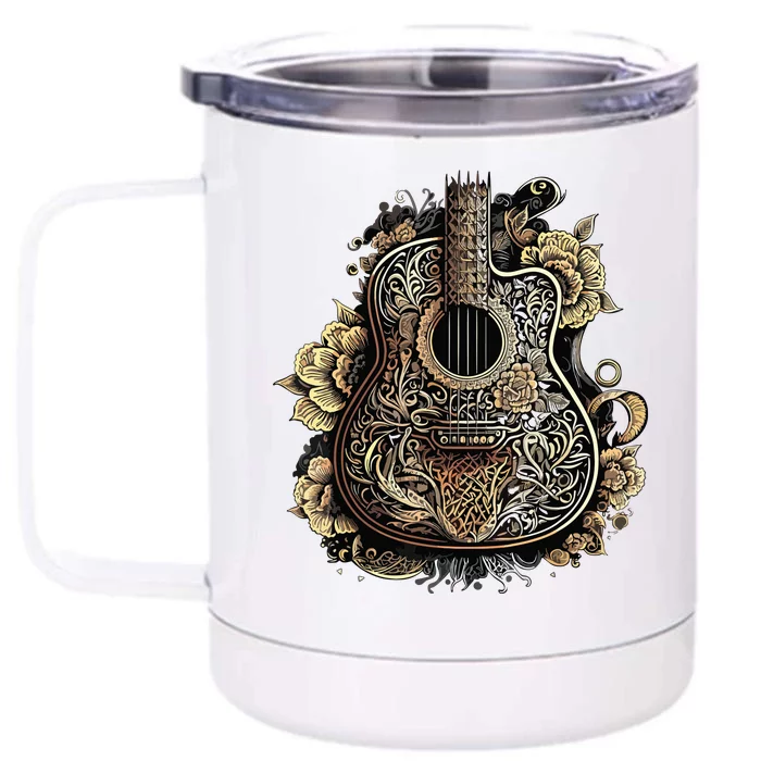 Guitar Graphic Music Lover Acoustic Guitar Musician Floral Front & Back 12oz Stainless Steel Tumbler Cup